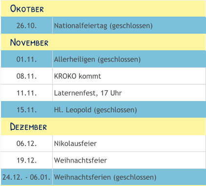 26.10. Nationalfeiertag (geschlossen) 01.11. Allerheiligen (geschlossen) 08.11. KROKO kommt 11.11. Laternenfest, 17 Uhr 15.11. Hl. Leopold (geschlossen) 06.12. Nikolausfeier 19.12. Weihnachtsfeier 24.12. - 06.01. Weihnachtsferien (geschlossen)    Okotber    November    Dezember